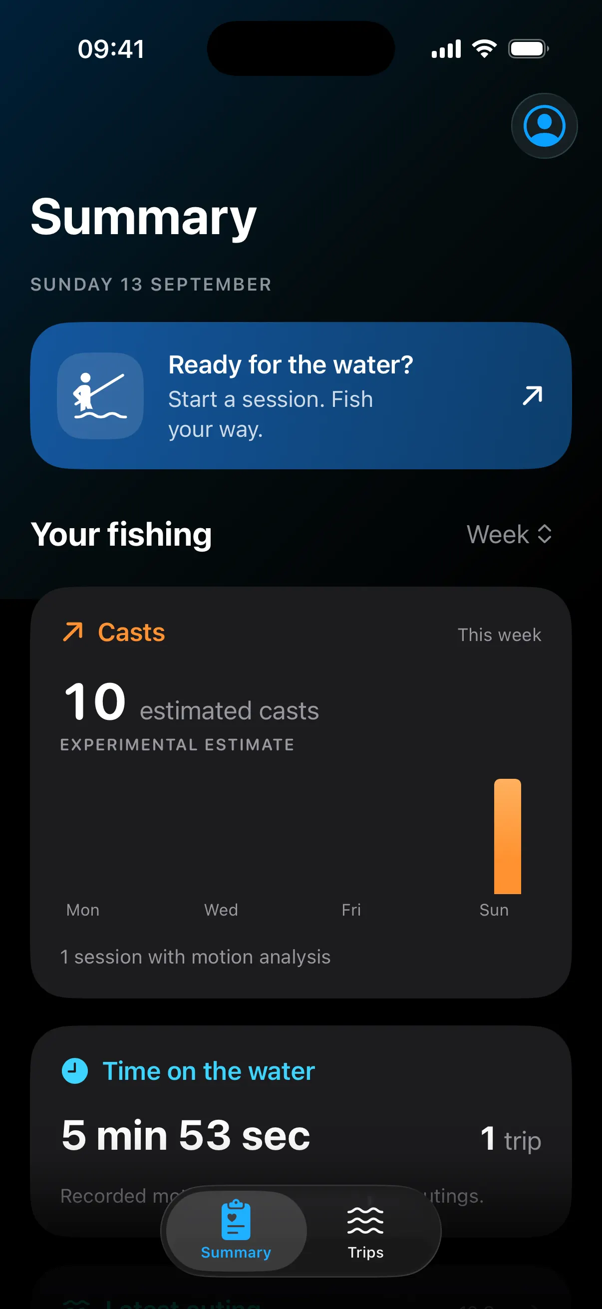 Summary of the first outing, showing 10 estimated casts and 5 minutes 53 seconds of recorded motion.