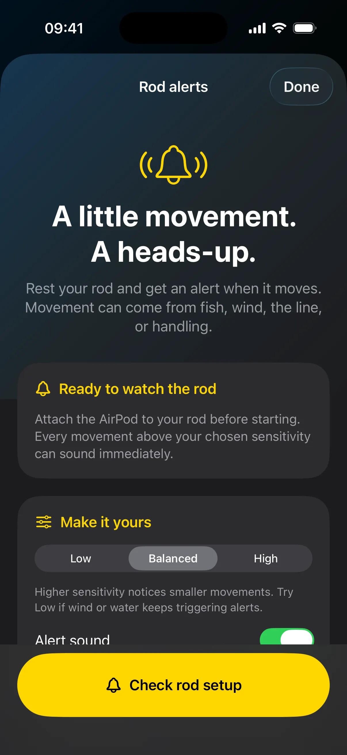 Rod alerts screen reading “A little movement. A heads-up.”, with Low, Balanced and High sensitivity, an alert sound switch and a Check rod setup button.