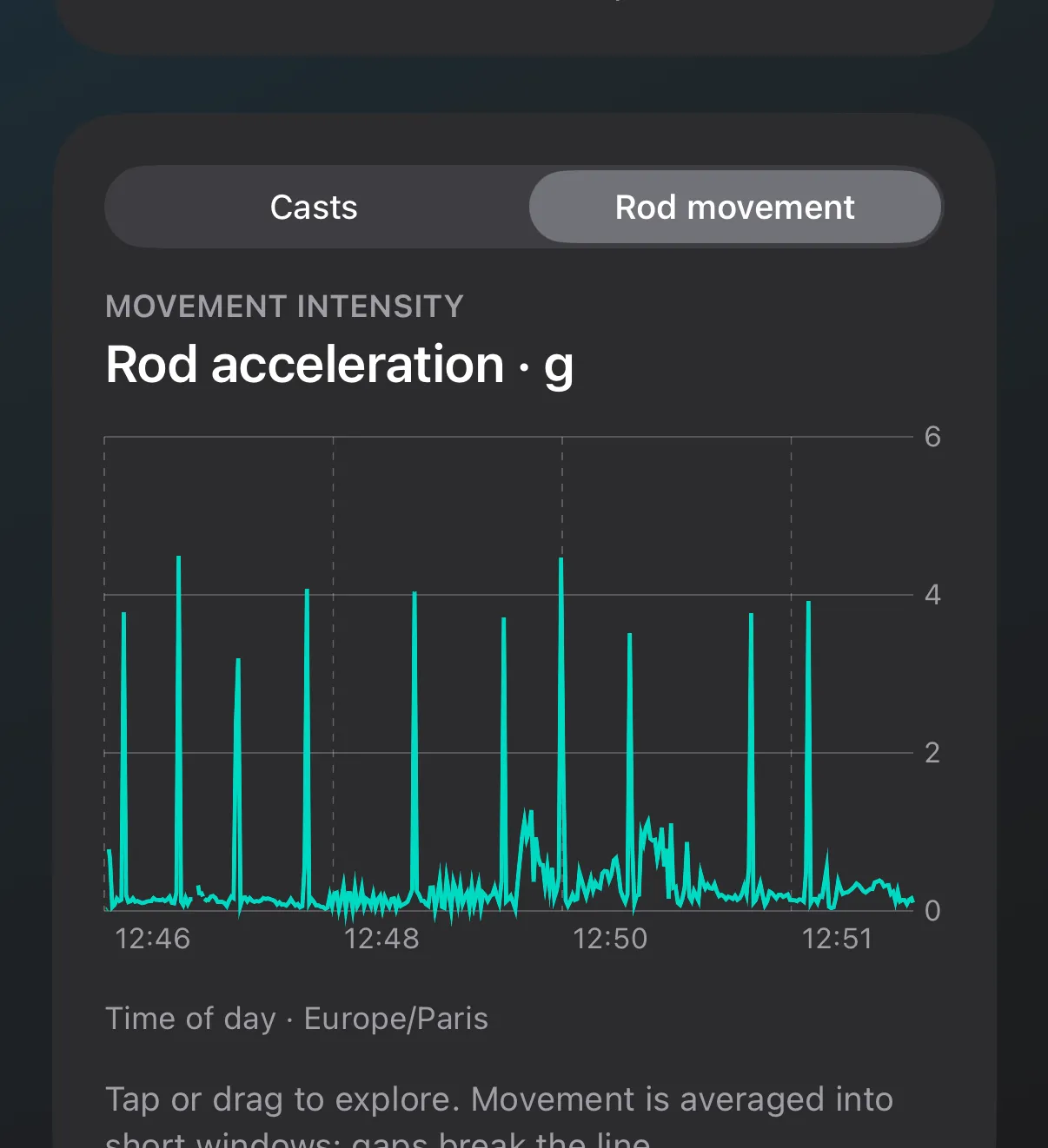 Rod acceleration in g across the whole outing: ten tall spikes for the casts and lower motion between them.